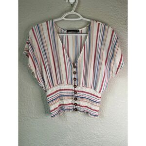 Abercrombie & Fitch Striped Button-Up Blouse Smocked Waist V-Neck Top M